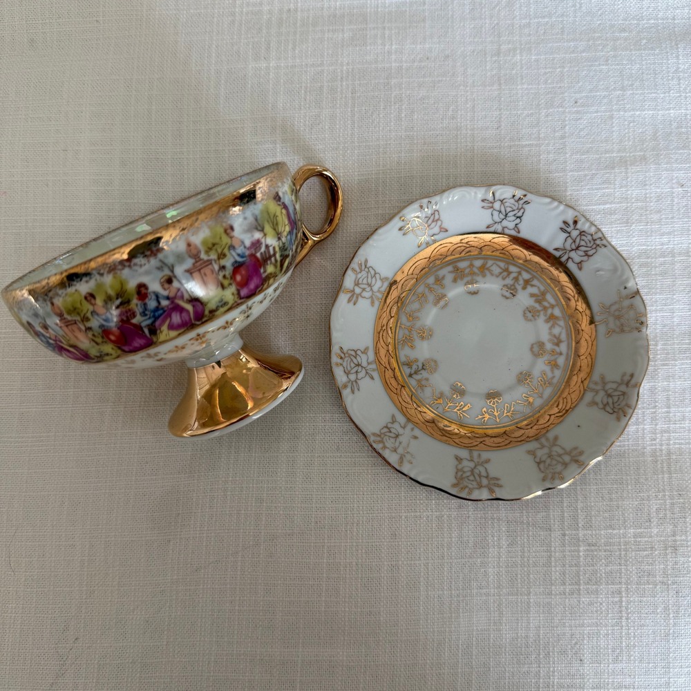 Vintage Sterling China Japan Courting Couple Lusterware Footed Tea Cup Saucer